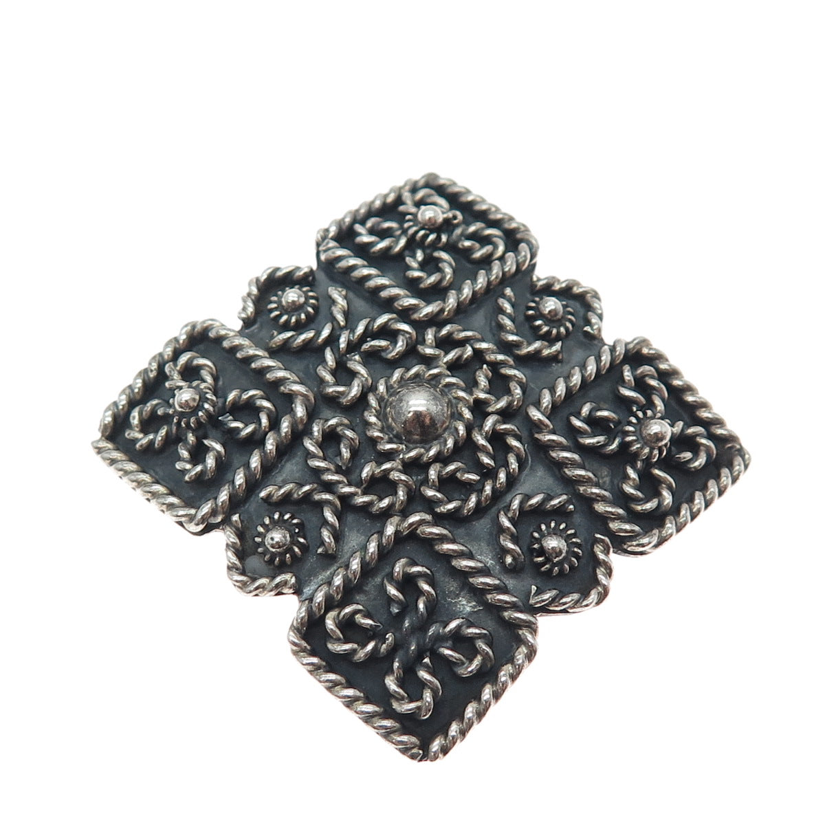 925 Sterling Silver Vintage Mexico Flower Cannetille Oxidized Pin Brooch Pendant