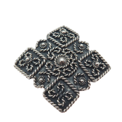 925 Sterling Silver Vintage Mexico Flower Cannetille Oxidized Pin Brooch Pendant
