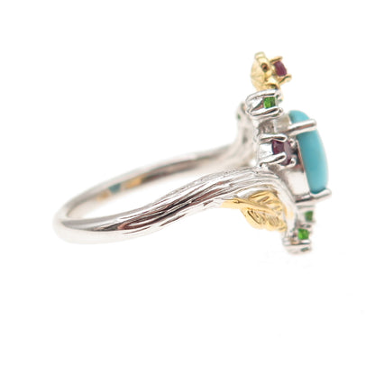 925 Sterling Silver 2-Tone Real Turquoise Amethyst & Peridot Floral Ring Size 8
