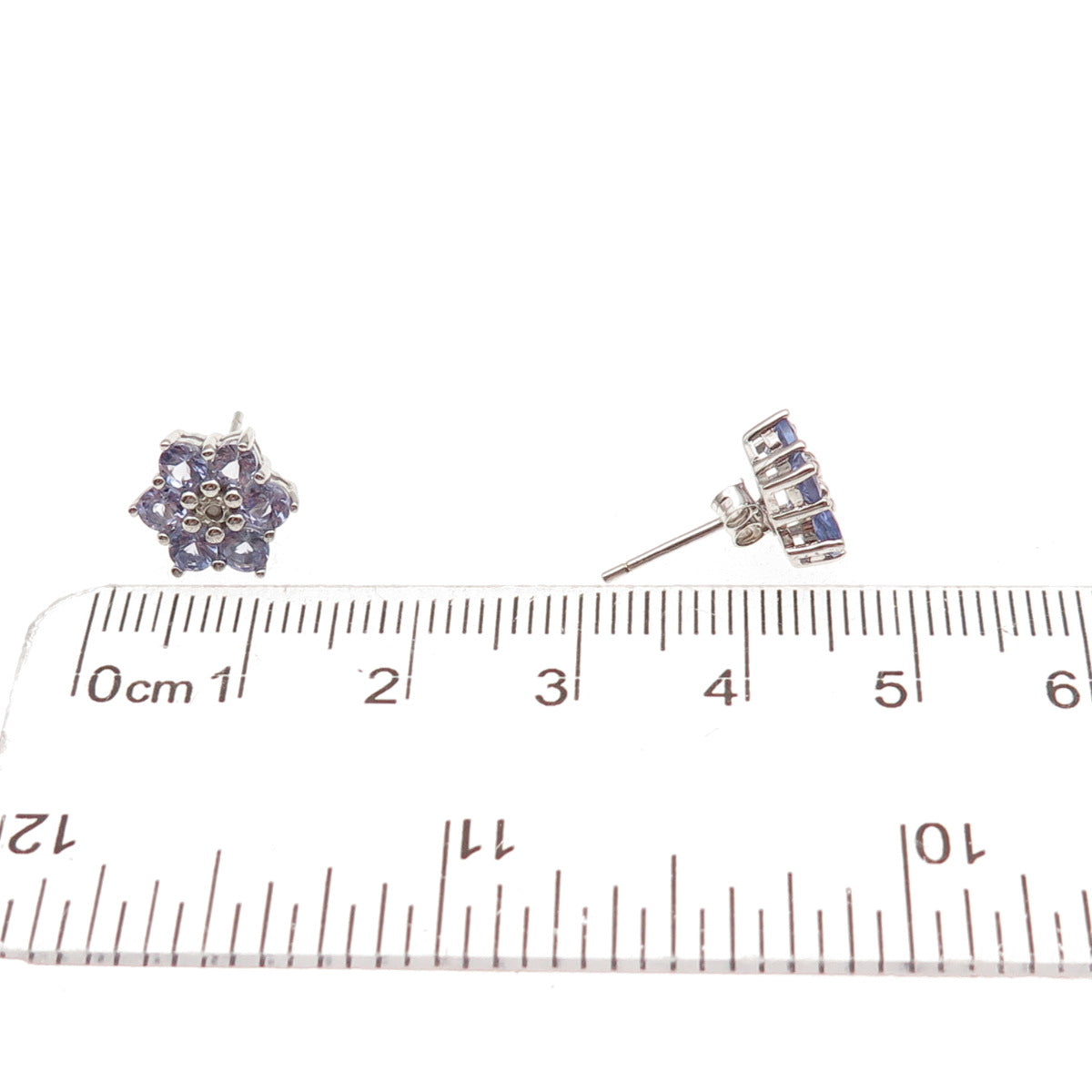 925 Sterling Silver Real Round-Cut Diamond & Tanzanite Floral Stud Earrings
