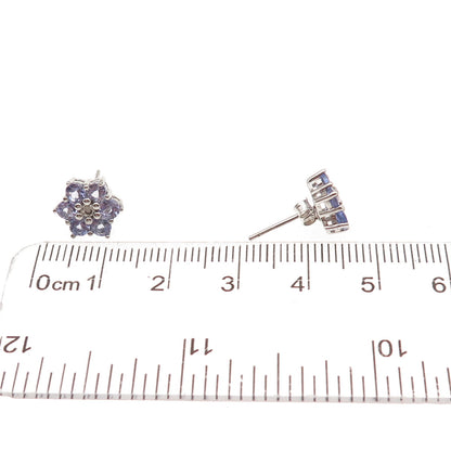 925 Sterling Silver Real Round-Cut Diamond & Tanzanite Floral Stud Earrings