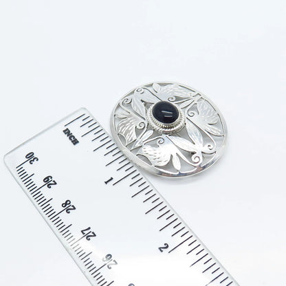 925 Sterling Silver Vintage Real Black Onyx Gemstone Ornate Leaf Pin Brooch