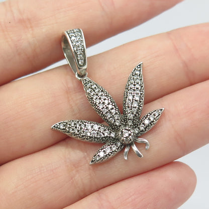 925 Sterling Silver Round-Cut White C Z Cannabis Leaf Pendant