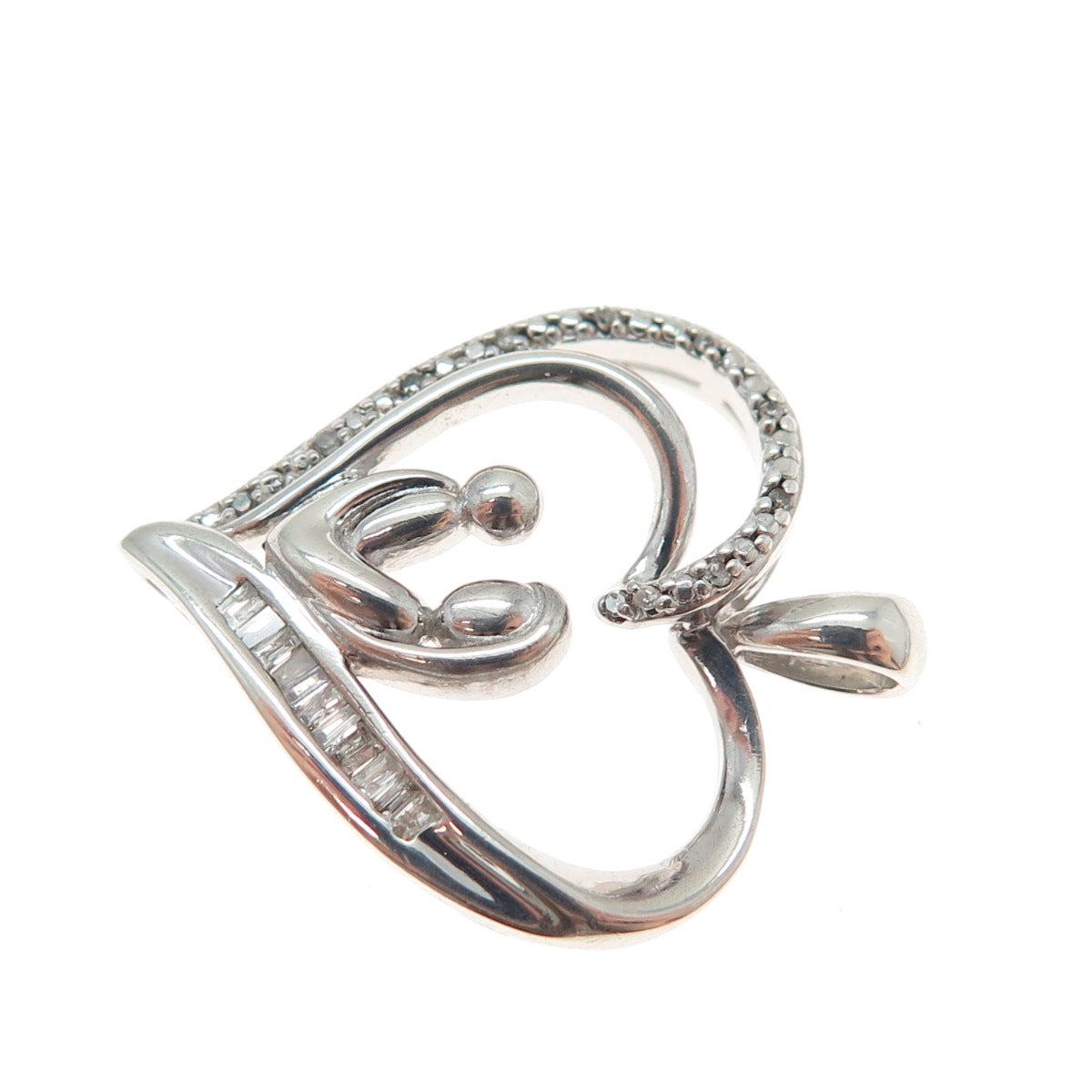 SUN 925 Sterling Silver Real Multi-Cut Diamond Mom & Child Heart Charm Pendant