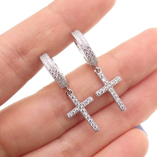 925 Sterling Silver Round-Cut C Z Cross Dangle Hoop Earrings