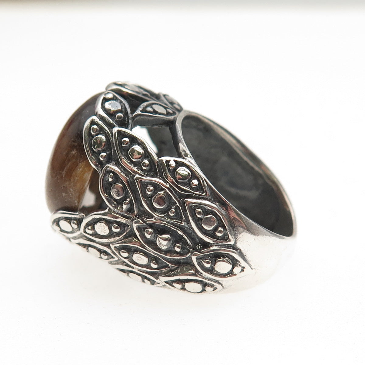 925 Sterling Silver Vintage Real Tiger Eye Modernist Oxidized Ring Size 5.75