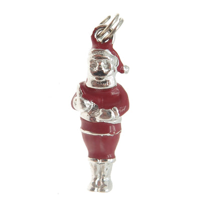 925 Sterling Silver Antique Art Deco Red Enamel Santa Claus 3D Pendant