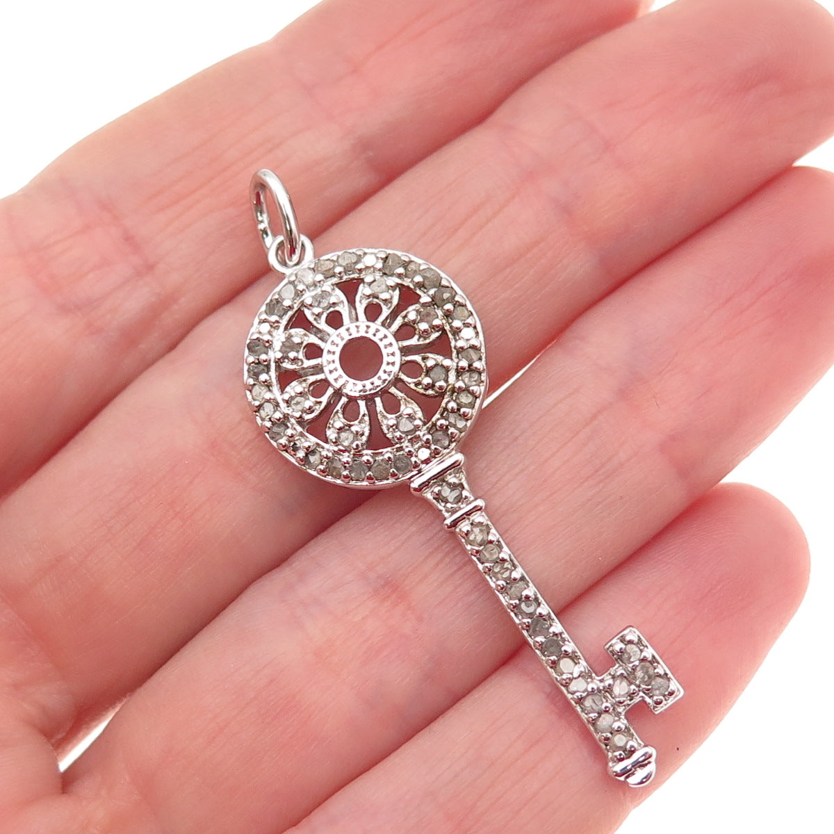 DEE BERKLE 925 Sterling Silver Real Round-Cut Diamond Key Charm Pendant