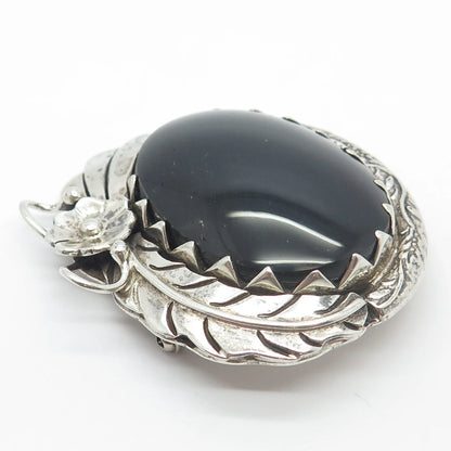 925 Sterling Silver Vintage Mexico Real Black Onyx Gemstone Floral Pin Brooch