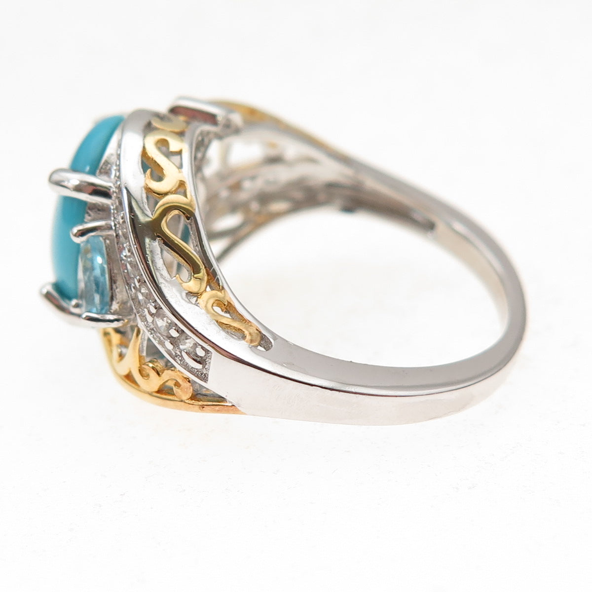 925 Sterling Silver 2-Tone Real Turquoise Blue & White Topaz Ring Size 8.25