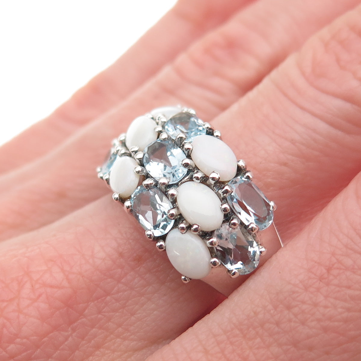 925 Sterling Silver Real Oval-Cut Blue Topaz & Opal Cluster Ring Size 9.25