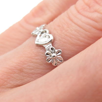 Beau 925 Sterling Silver Vintage Heart & Daisy Band Ring Size 6.25