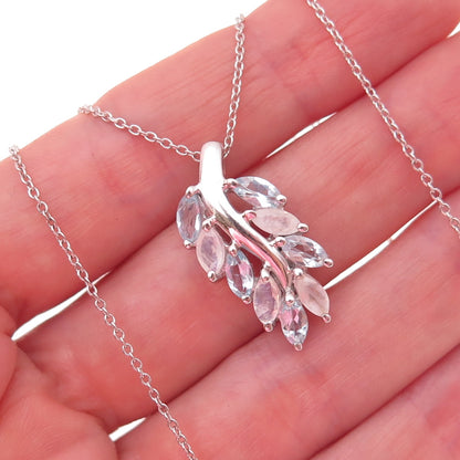 925 Sterling Silver Real Blue Topaz & Moonstone Floral Cable Chain Necklace 18"