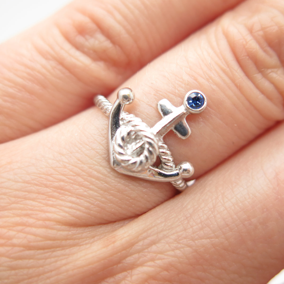 925 Sterling Silver Blue C Z Anchor Adjustable Ring Size 4.75