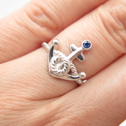 925 Sterling Silver Blue C Z Anchor Adjustable Ring Size 4.75