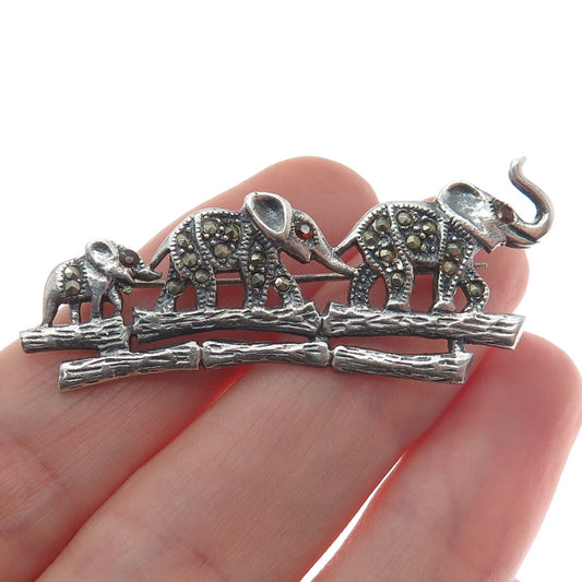925 Sterling Silver Vintage Real Marcasite & Garnet 3 Elephants Oxidized Brooch