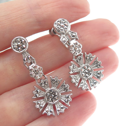 925 Sterling Silver Antique Real Marcasite Gemstone Flower Dangle Earrings
