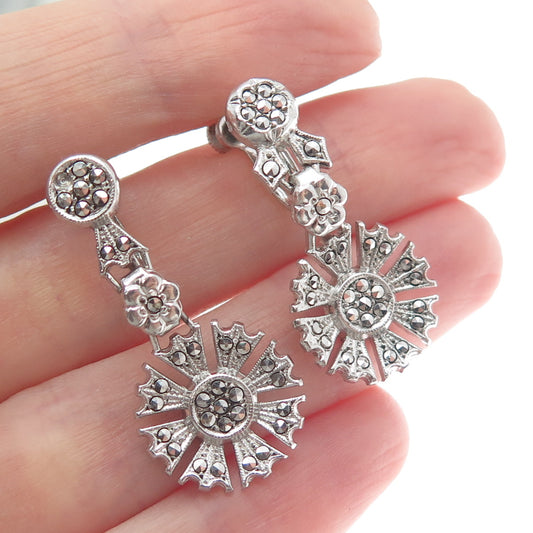 925 Sterling Silver Antique Real Marcasite Gemstone Flower Dangle Earrings