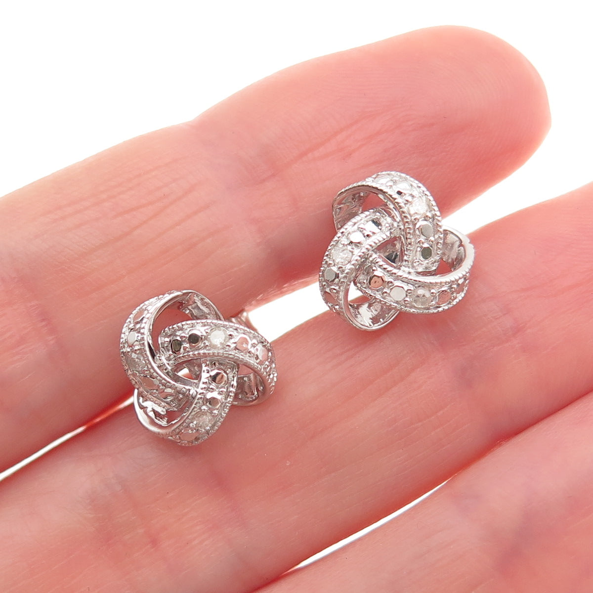 925 Sterling Silver Real Round-Cut Diamond Twisted Knot Stud Earrings