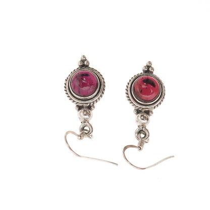 925 Sterling Silver Vintage Real Red Garnet Beaded Dangle Earrings