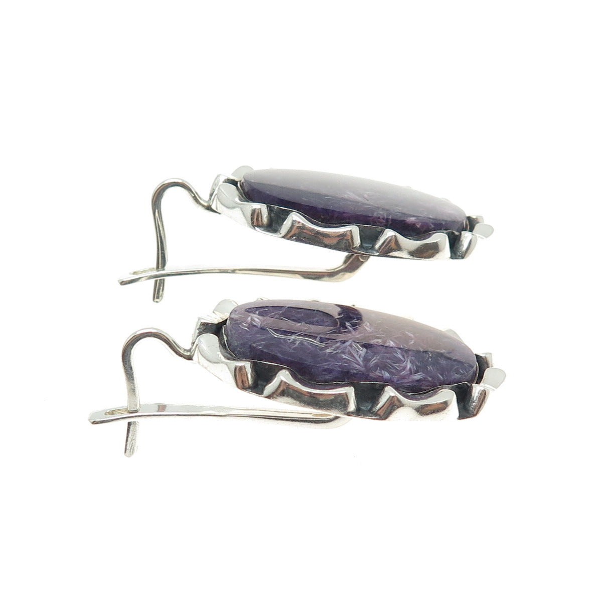 925 Sterling Silver Vintage Portugal Real Charoite Gemstone Modernist Earrings