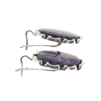 925 Sterling Silver Vintage Portugal Real Charoite Gemstone Modernist Earrings