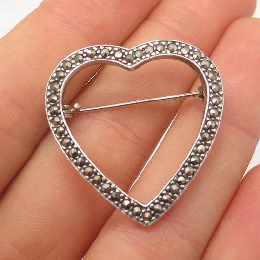 925 Sterling Silver Vintage Real Marcasite Gemstone Open Heart Pin Brooch
