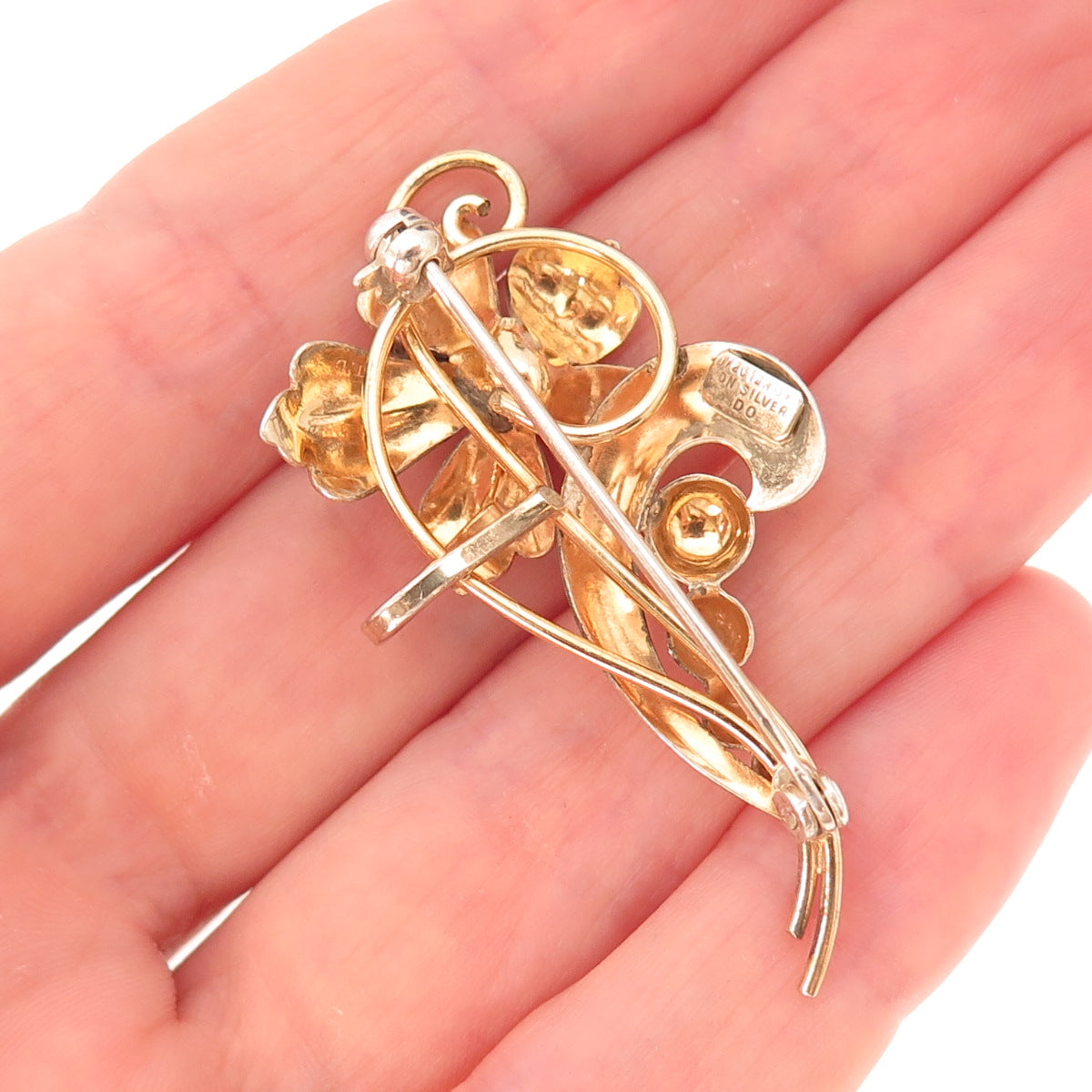 925 Sterling Silver 1/20 12K Gold Filled Vintage Orchid Pin Brooch / Pendant