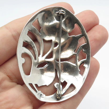 925 Sterling Silver Vintage Oval Floral Pin Brooch