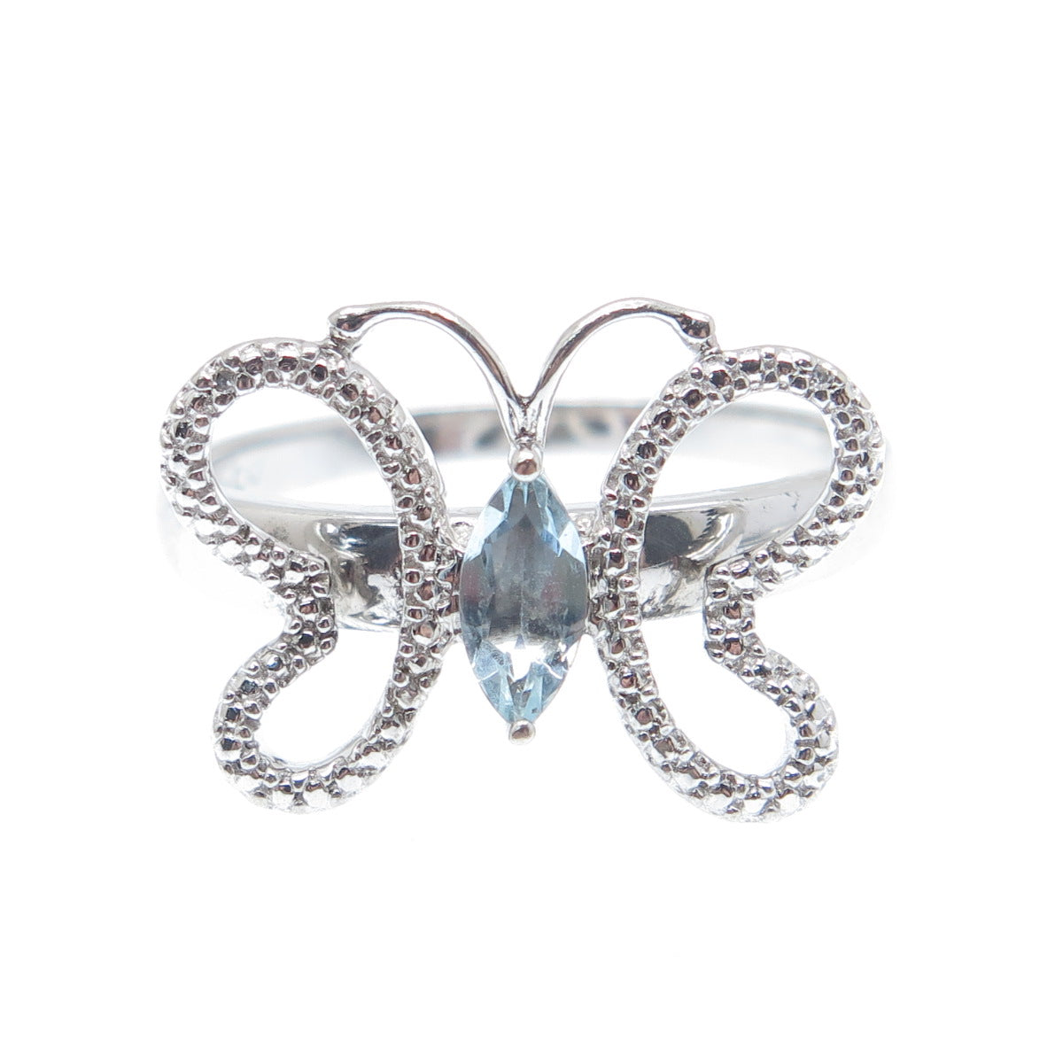 925 Sterling Silver Real Diamond Accent & Blue Topaz Butterfly Ring Size 7.75