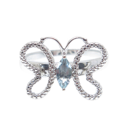 925 Sterling Silver Real Diamond Accent & Blue Topaz Butterfly Ring Size 7.75
