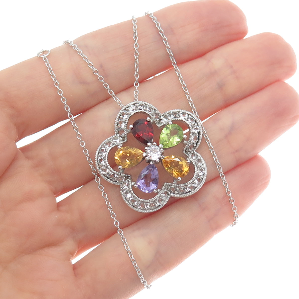 925 Sterling Silver Topaz Garnet Amethyst Citrine Peridot Flower Necklace 16-18"