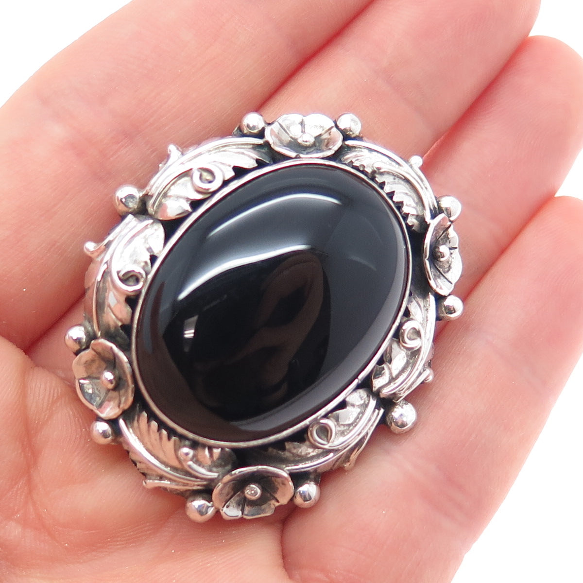 Ramona Loloma Hopi Old Pawn Sterling Silver Vintage Black Onyx Feather Brooch