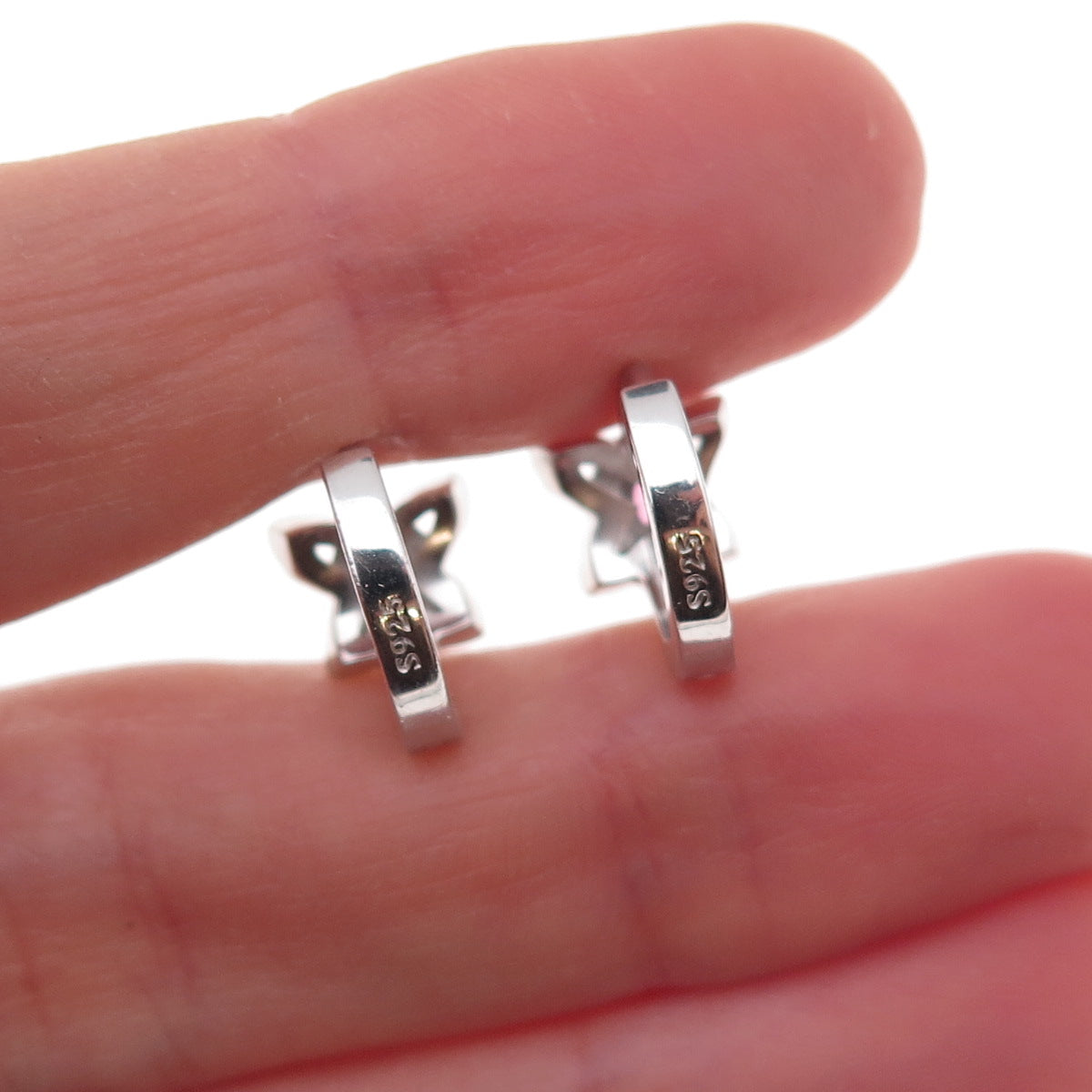 925 Sterling Silver Pink & White C Z Butterfly Hoop Earrings