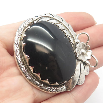 925 Sterling Silver Vintage Mexico Real Black Onyx Gemstone Floral Pin Brooch