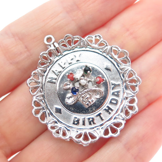 925 Sterling Silver Vintage Multi-Color Glass Happy Birthday Charm Pendant
