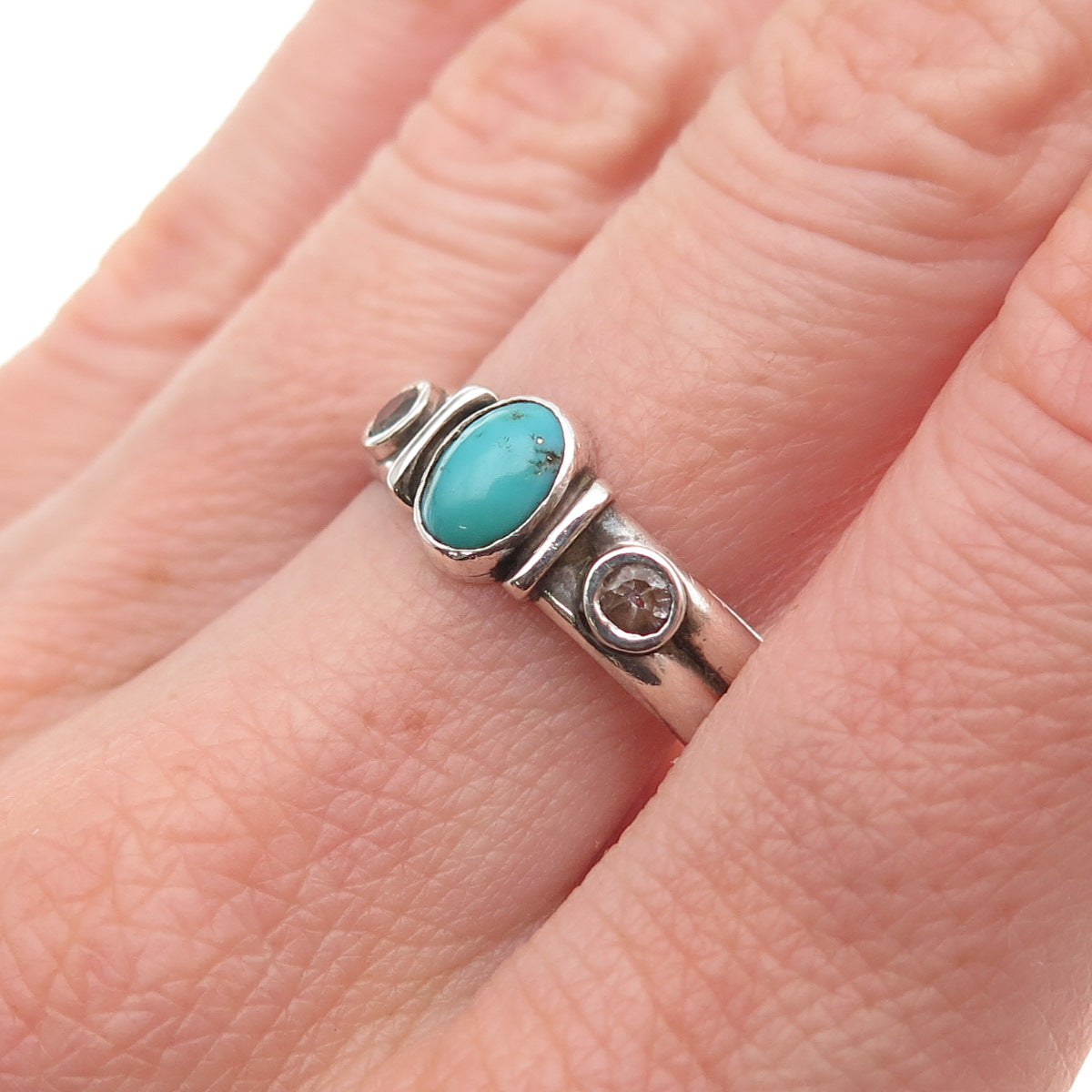 Old Pawn Sterling Silver Vintage Turquoise & White Topaz Tribal Ring Size 9.25