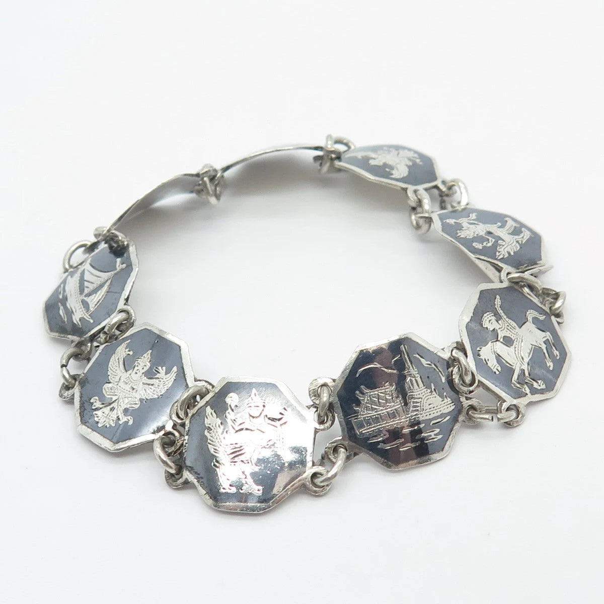 925 Sterling Silver Vintage Siam Niello Hindu Goddess Panel Link Bracelet 6.75"