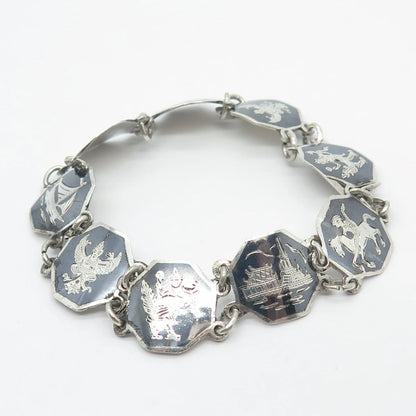 925 Sterling Silver Vintage Siam Niello Hindu Goddess Panel Link Bracelet 6.75"