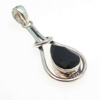 925 Sterling Silver Vintage Real Pear-Cut Black Spinel Modernist Pendant