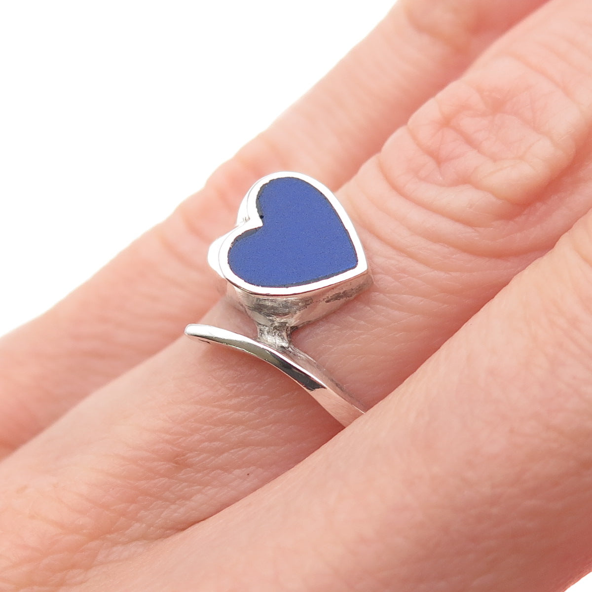 925 Sterling Silver Vintage Real Lapis Heart Bypass Oxidized Ring Size 4.5