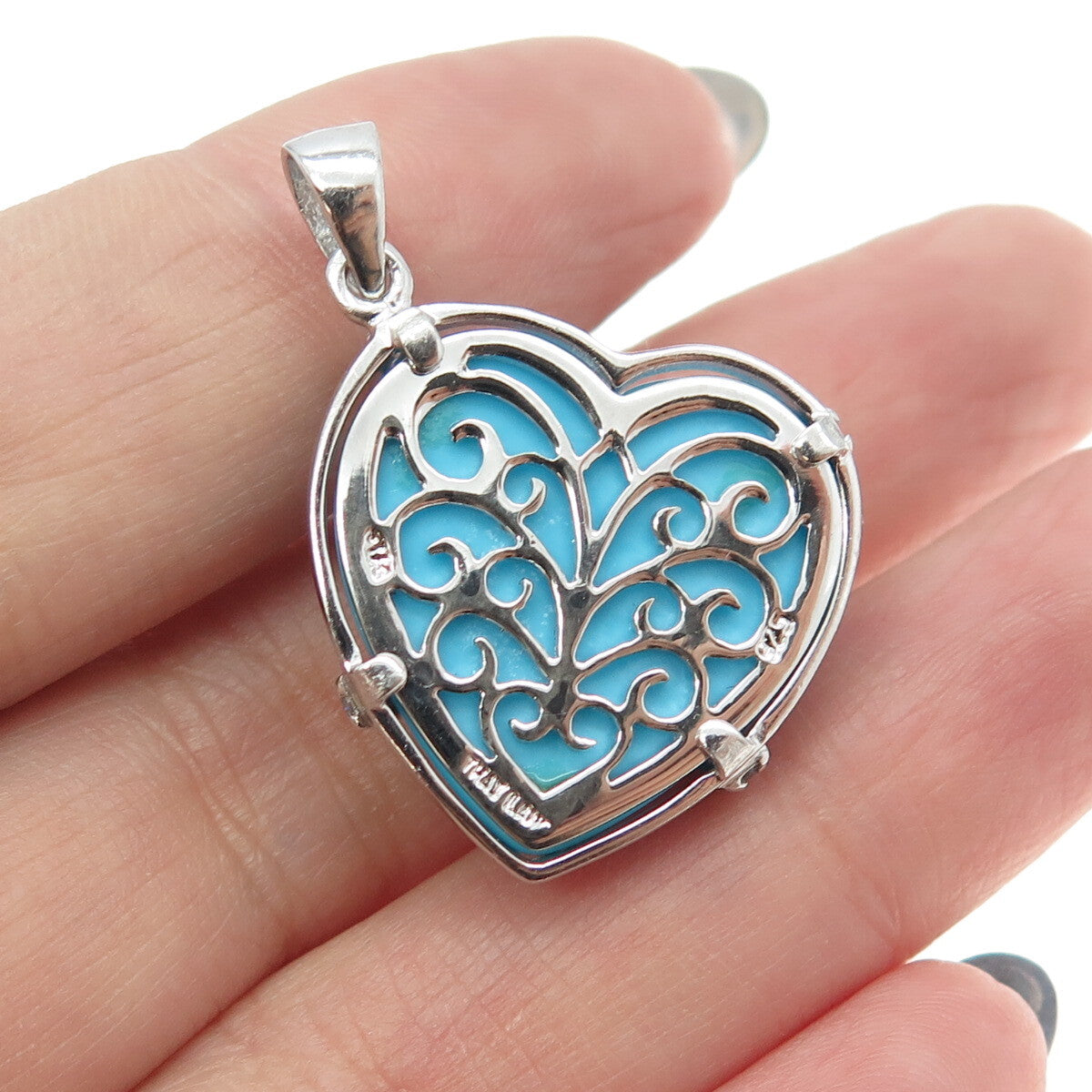 925 Sterling Silver Faux Turquoise & C Z Crisscross Heart Pendant
