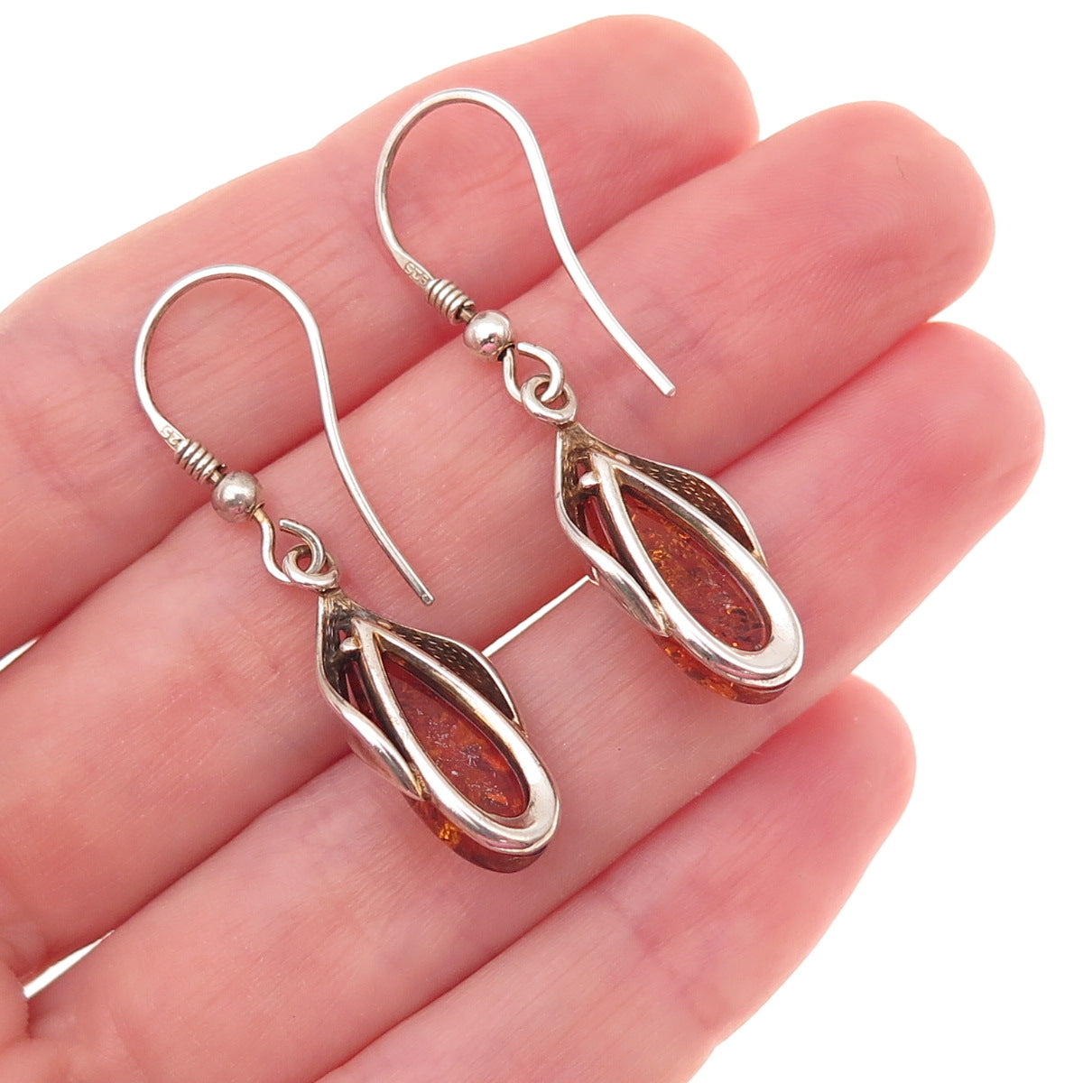 925 Sterling Silver Vintage Real Amber Modernist Floral Oxidized Dangle Earrings