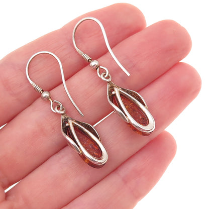925 Sterling Silver Vintage Real Amber Modernist Floral Oxidized Dangle Earrings