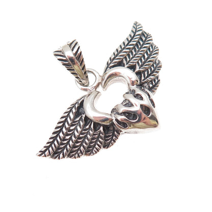 925 Sterling Silver Vintage Heart Angel Wings Oxidized Charm Pendant