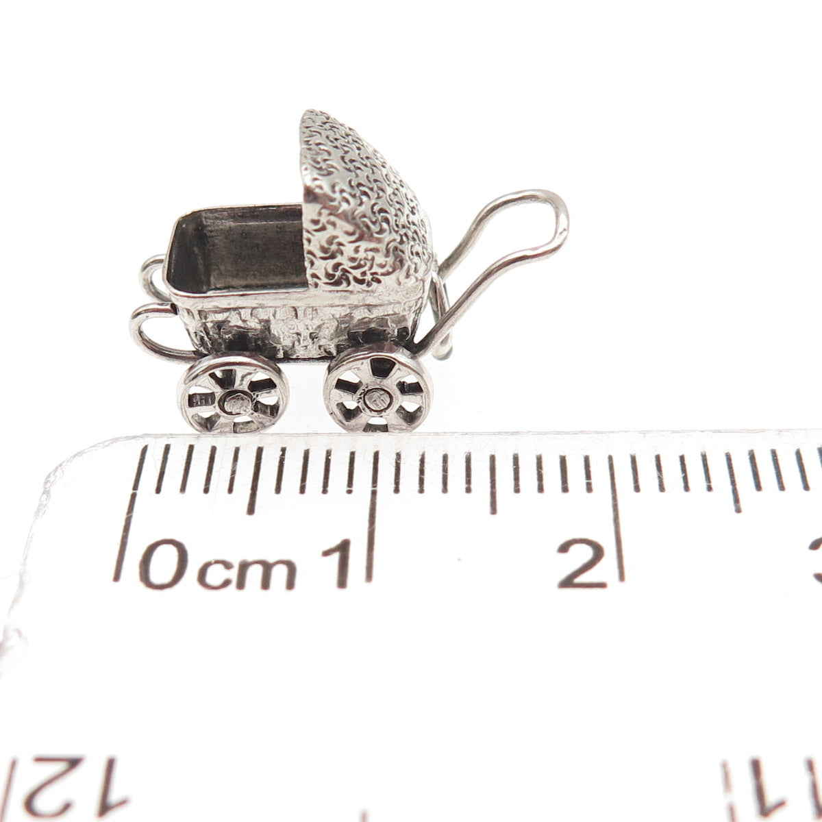 925 Sterling Silver Vintage Baby Stroller Oxidized 3D Mini Charm Pendant