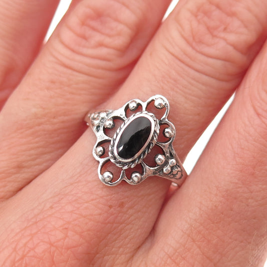 925 Sterling Silver Vintage Real Black Onyx Floral Oxidized Ring Size 8