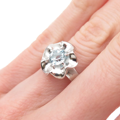 925 Sterling Silver Real Round-Cut Blue Topaz Floral Ring Size 5.75