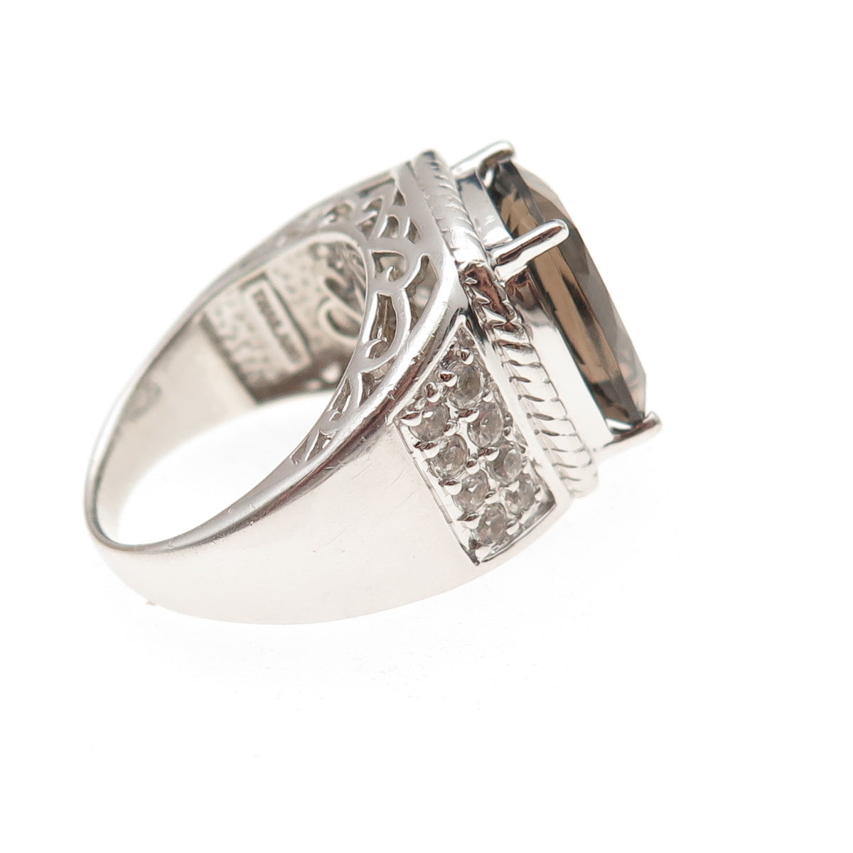 925 Sterling Silver Vintage Real Smoky Quartz & White Topaz Ring Size 7.25