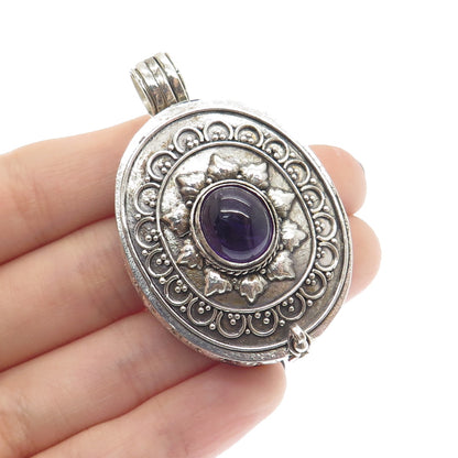 925 Sterling Silver Vintage Real Amethyst Granulated Floral Locket Box Pendant